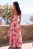 Robe longue longue robe fleur à col halter en mousseline rose avec fente