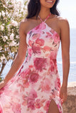 Robe longue longue robe fleur à col halter en mousseline rose avec fente