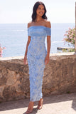 Robe Maxi Bodycon bleue à fleurs appliquée à épaules dénudées