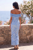 Robe Maxi Bodycon bleue à fleurs appliquée à épaules dénudées