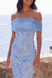Robe Maxi Bodycon bleue à fleurs appliquée à épaules dénudées