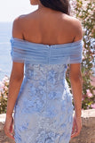 Robe Maxi Bodycon bleue à fleurs appliquée à épaules dénudées