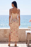 Robe midi florale midi à bretelles de sirène champagne scintillante à paillettes