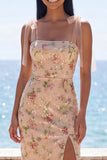 Robe midi florale midi à bretelles de sirène champagne scintillante à paillettes