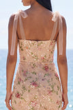 Robe midi florale midi à bretelles de sirène champagne scintillante à paillettes