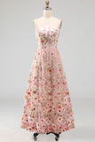 Robe midi brodée brodée rose A-Line