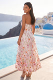 Robe midi brodée brodée rose A-Line