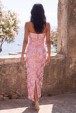 Robe midi fleurie midi rose rose sans bretelles bodycon sequins