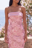 Robe midi fleurie midi rose rose sans bretelles bodycon sequins