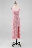 Robe à fleurs midi rose Bodycon à col carré à paillettes scintillantes