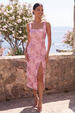Robe à fleurs midi rose Bodycon à col carré à paillettes scintillantes
