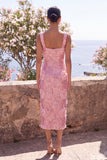 Robe à fleurs midi rose Bodycon à col carré à paillettes scintillantes