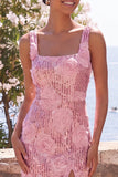 Robe à fleurs midi rose Bodycon à col carré à paillettes scintillantes
