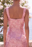 Robe à fleurs midi rose Bodycon à col carré à paillettes scintillantes
