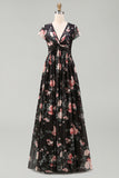 Robe maxi fleurie en mousseline noire en V à col froncé et manches courtes