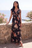 Robe maxi fleurie en mousseline noire en V à col froncé et manches courtes