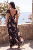 Robe maxi fleurie en mousseline noire en V à col froncé et manches courtes