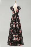 Robe maxi fleurie en mousseline noire en V à col froncé et manches courtes