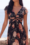 Robe maxi fleurie en mousseline noire en V à col froncé et manches courtes
