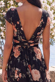 Robe maxi fleurie en mousseline noire en V à col froncé et manches courtes