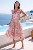 Robe midi rose rose à col en V brodée avec volants