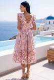 Robe midi rose rose à col en V brodée avec volants