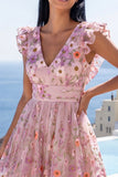 Robe midi rose rose à col en V brodée avec volants