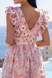 Robe midi rose rose à col en V brodée avec volants