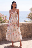 Corset en tulle ivoire A-line brodée robe midi fleurie