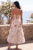 Corset en tulle ivoire A-line brodée robe midi fleurie