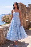 Robe midi fleurie bleue sans bretelles transparente corset transparent