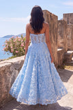 Robe midi fleurie bleue sans bretelles transparente corset transparent