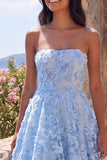 Robe midi fleurie bleue sans bretelles transparente corset transparent