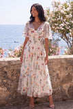 Corset en tulle ligne A ivoire à col en V brodé et robe midi fleurie avec manches flottantes