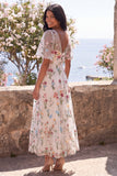 Corset en tulle ligne A ivoire à col en V brodé et robe midi fleurie avec manches flottantes