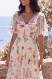 Corset en tulle ligne A ivoire à col en V brodé et robe midi fleurie avec manches flottantes