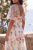 Corset en tulle ligne A ivoire à col en V brodé et robe midi fleurie avec manches flottantes