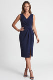 Robe de travail Midi bleu marine Bodycon à col V et fente
