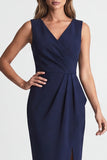 Robe de travail Midi bleu marine Bodycon à col V et fente