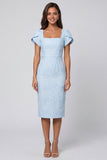 Robe de travail midi en brocart bleu ciel à col Suqare