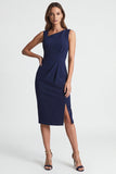 Robe de travail midi à étui asymétrique bleu marine avec fente