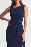 Robe de travail midi à étui asymétrique bleu marine avec fente