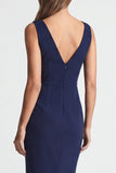 Robe de travail midi à étui asymétrique bleu marine avec fente