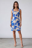 Robe de travail courte bleue à col carré à col carré