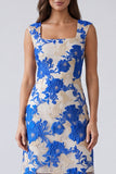 Robe de travail courte bleue à col carré à col carré