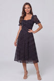Robe de travail midi à manches bouffantes à manches bouffantes noires blanches à pois