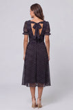 Robe de travail midi à manches bouffantes à manches bouffantes noires blanches à pois