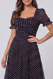 Robe de travail midi à manches bouffantes à manches bouffantes noires blanches à pois