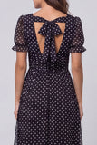 Robe de travail midi à manches bouffantes à manches bouffantes noires blanches à pois