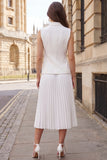 Robe de travail midi plissée double boutonnage en ivoire